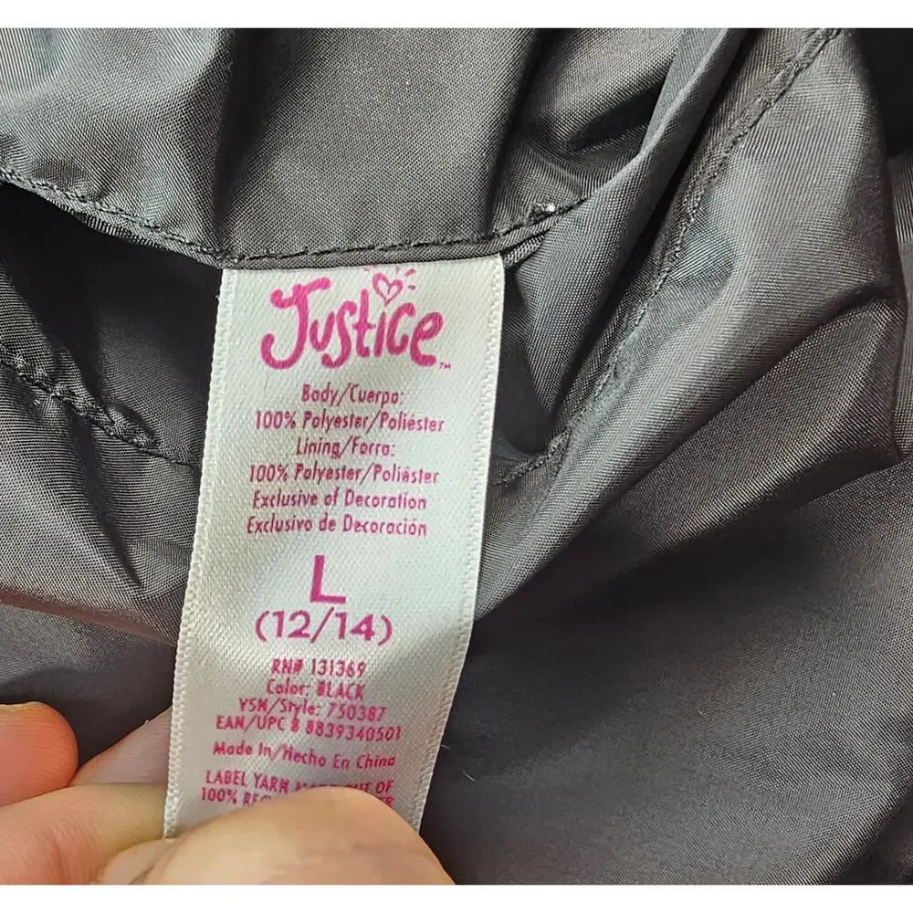 Justice L 12 / 14 black REVERSIBLE 2 in 1 jacket windbreaker sherpa nylon EUC #